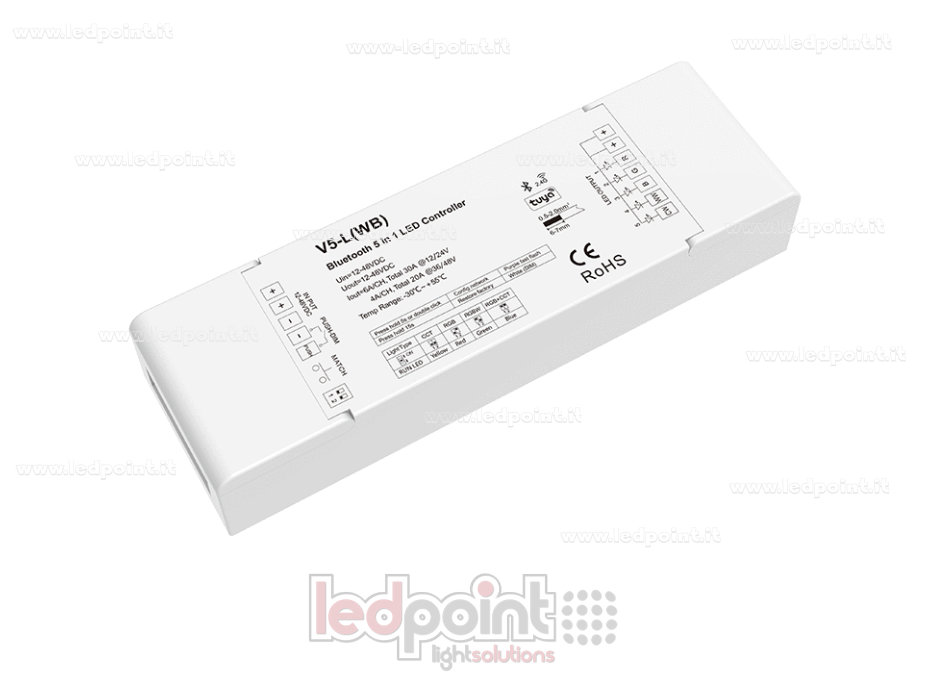 Receptor controlador RGB+CCT 12/24V, 5ch*6A o 36/48V, 5ch*4A, RF 2.4G y Bluetooth