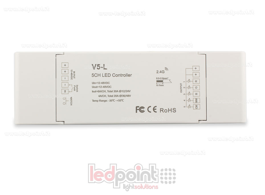 Receptor controlador RGB+CCT 12/24V, 5ch*6A o 36/48V, 5ch*4A, RF 2.4G
