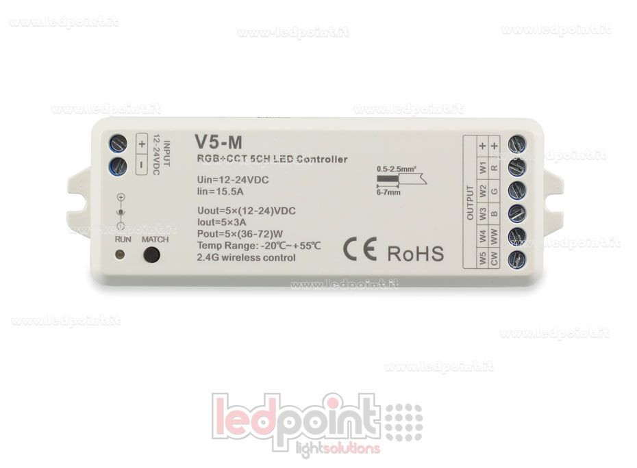 Controlador RGB+CCT 12/24V, 5ch*3A, RF 2.4G