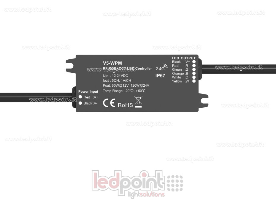 Mini controlador LED por RF RGB + CCT, de 5 canales, IP67, 12/24 V CC, 1 A*5 canales, RF 2,4 GHz