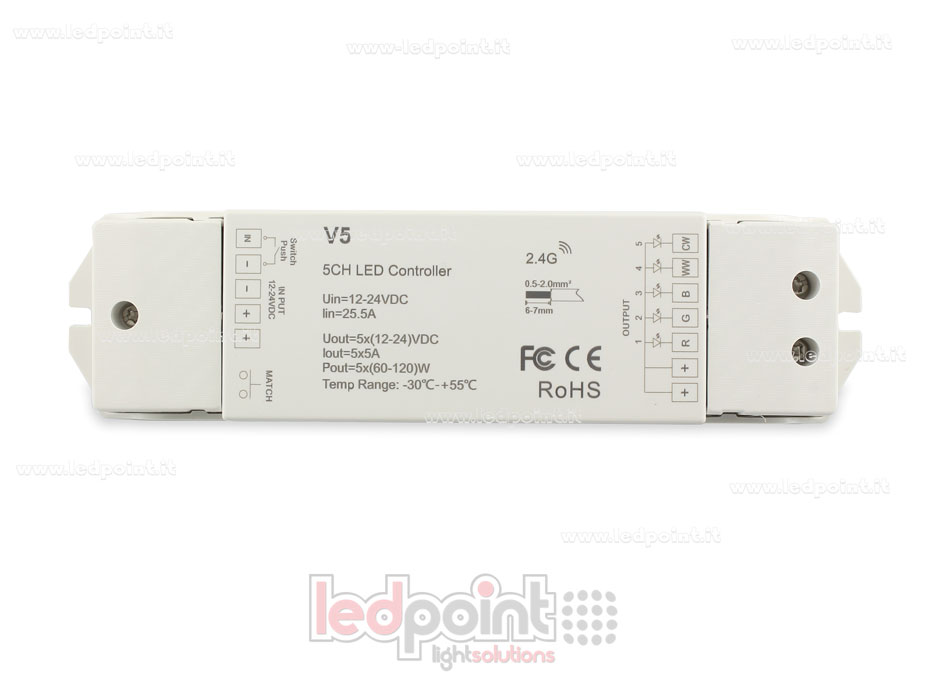 Controlador RGB+CCT 5/24V, 5ch*4A, RF 2.4G