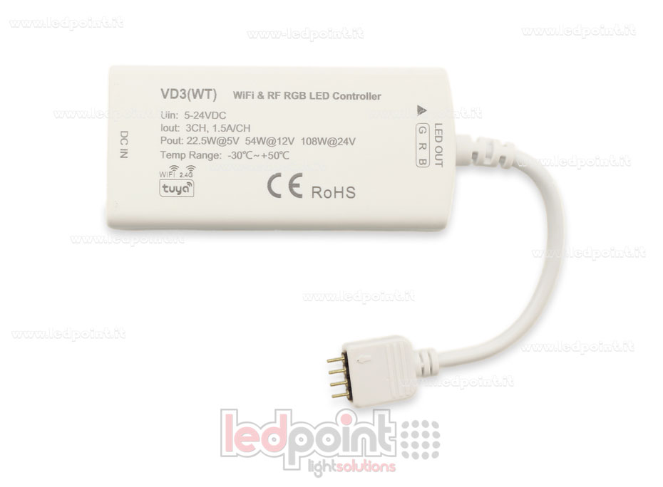 Receptor dimmer RGB con 3 botones 5/24V, 1ch*5A, Tuya App y 2.4G RF