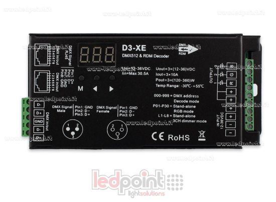 Imagen de DMX 512 & RDM descodificador carril, 3 canales de 10A cada uno, tensión 12-36V DC. XLR3, RJ45