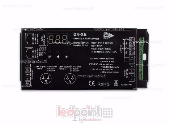 Imagen de DMX 512 & RDM descodificador carril, 4 canales de 8A cada uno, tensión 12-36V DC, XLR3 e RJ45