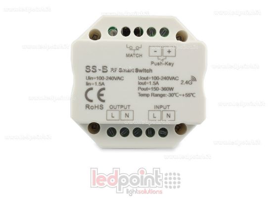 Imagen de Controlador monocromático 100-240VAC, on/off, no dimerizable, 1.5A, push switch, RF 2.4G para caja de conexiones de pared