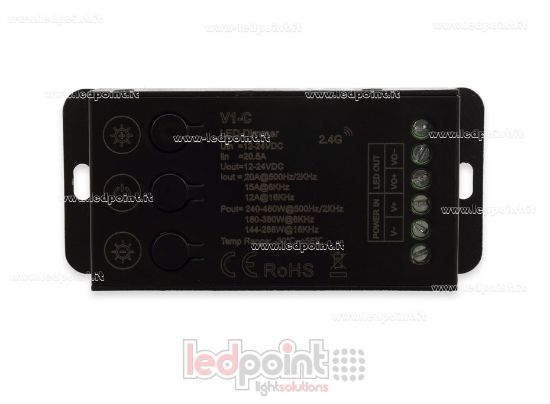 Imagen de Receptor controlador monocromo 12-24V, 1ch*20A con 3 botones y PWM seleccionable, RF 2.4G