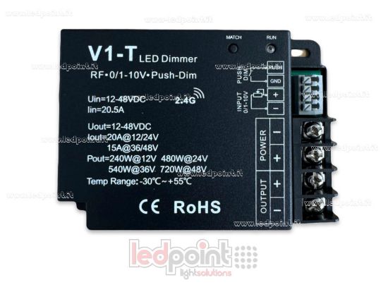 Imagen de Receptor dimmer monocromático con interruptor, 0/1-10V, 12/24V, 1ch*20A, RF 2.4G