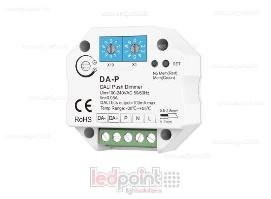 Imagen de Receptor regulador push DALI de 1 canal, 100-240VCA, para caja de derivación de pared