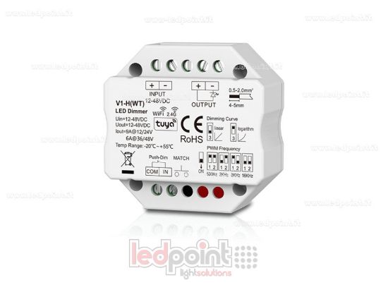 Imagen de Receptor dimmer WiFi & RF para caja de derivación de pared, monocromático con botón, 1CH6A/9A, 12-48VDC, RF 2,4G