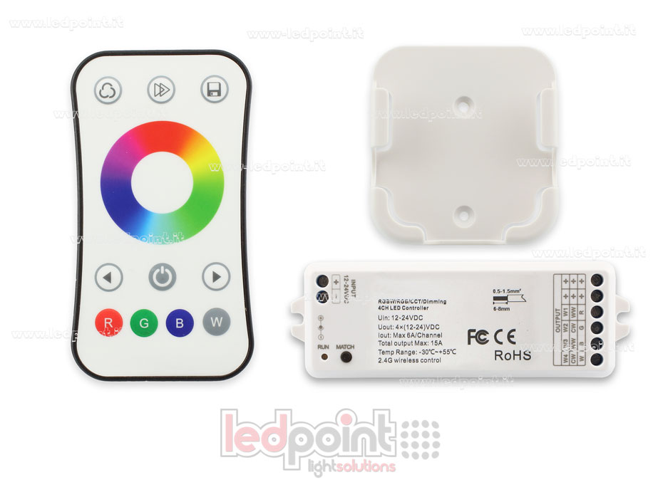 Kit mando + controlador RGBW 12/24V, 4ch*6A, Max 15A, RF 2.4G CT-RGBW-122R-1178 Kit mando + controlador RGBW 12/24V, 4ch*6A, Max 15A, RF 2.4G CT-RGBW-122R-1178
