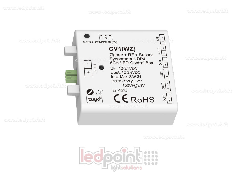 Interfaz de dimmer 6ch 75/150W 12V-24V, RF 2,4GHz y ZigBee con entrada de sensor SK-CV1(WZ)