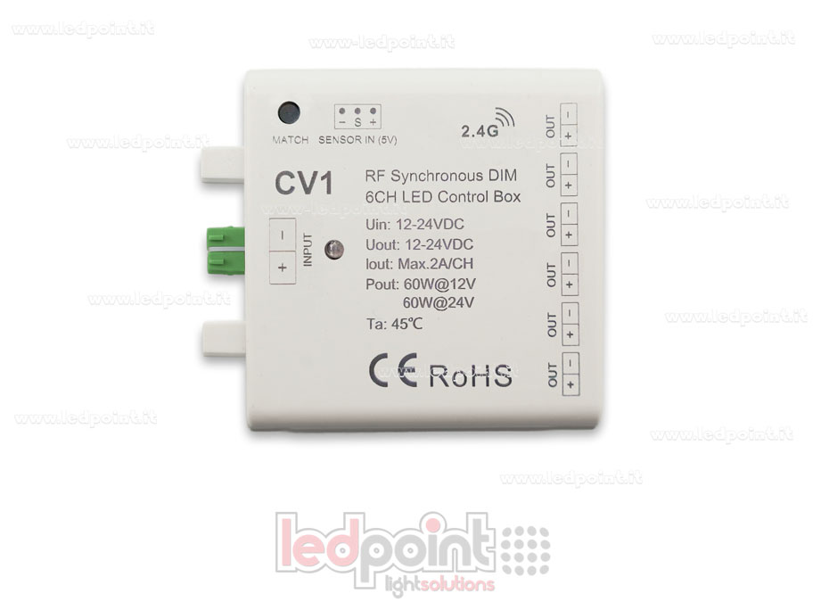 Interfaz dimmer 6ch 60W 12V-24V, RF 2.4GHz con entrada para sensor SK-CV1 Interfaz dimmer 6ch 60W 12V-24V, RF 2.4GHz con entrada para sensor SK-CV1
