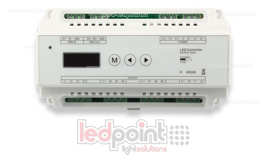 DMX 512 descodificador carril DIN, 12 canales de 5A cada uno, tensión 12-36V DC SK-D12 DMX 512 descodificador carril DIN, 12 canales de 5A cada uno, tensión 12-36V DC SK-D12