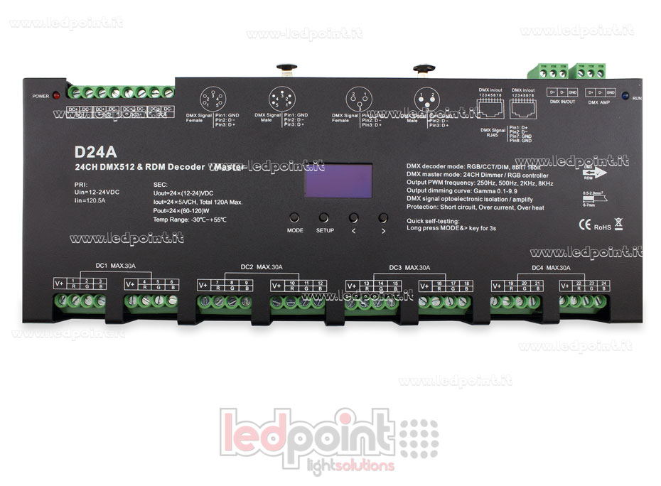 Descodificador DMX 512 con pantalla oled, 24 canales de 5A cada uno, voltaje 12-24V DC  SK-D24A