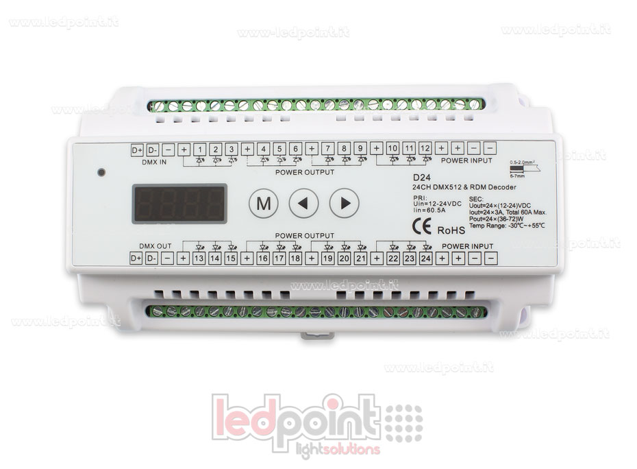 DMX 512 descodificador carril DIN, 24 canales de 3A cada uno, tensión 12-24V DC SK-D24 DMX 512 descodificador carril DIN, 24 canales de 3A cada uno, tensión 12-24V DC SK-D24