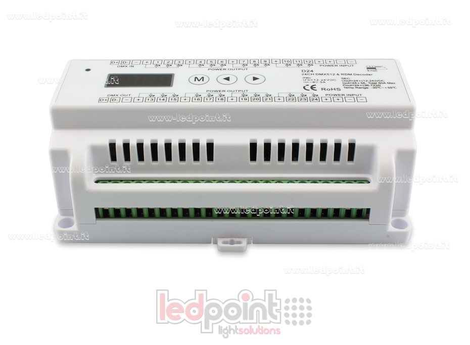 DMX 512 descodificador carril DIN, 24 canales de 3A cada uno, tensión 12-24V DC SK-D24 DMX 512 descodificador carril DIN, 24 canales de 3A cada uno, tensión 12-24V DC SK-D24