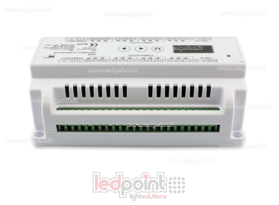 DMX 512 descodificador carril DIN, 24 canales de 3A cada uno, tensión 12-24V DC SK-D24 DMX 512 descodificador carril DIN, 24 canales de 3A cada uno, tensión 12-24V DC SK-D24