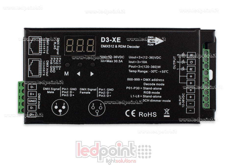DMX 512 & RDM descodificador carril, 3 canales de 10A cada uno, tensión 12-36V DC. XLR3, RJ45 SK-D3-XE DMX 512 & RDM descodificador carril, 3 canales de 10A cada uno, tensión 12-36V DC. XLR3, RJ45 SK-D3-XE