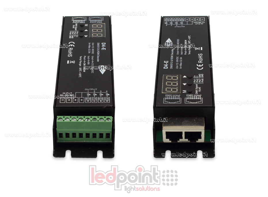 DMX 512 & RDM descodificador carril, 4 canales de 8A cada uno, tensión 12-36V DC, puerto RJ45 SK-D4-E