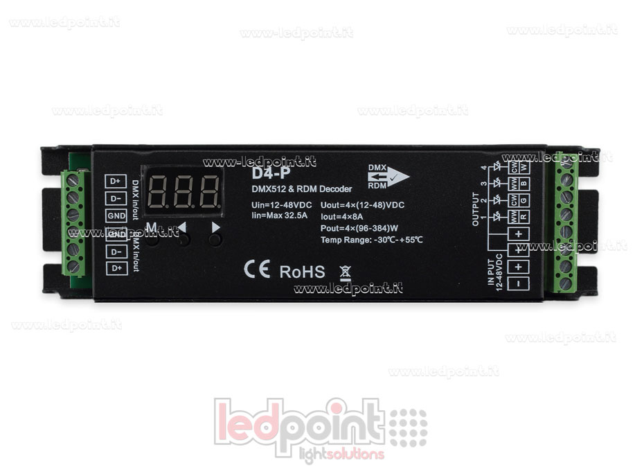 DMX 512 & RDM descodificador carril, 4 canales de 8A cada uno, tensión 12-48V DC SK-D4-P DMX 512 & RDM descodificador carril, 4 canales de 8A cada uno, tensión 12-48V DC SK-D4-P