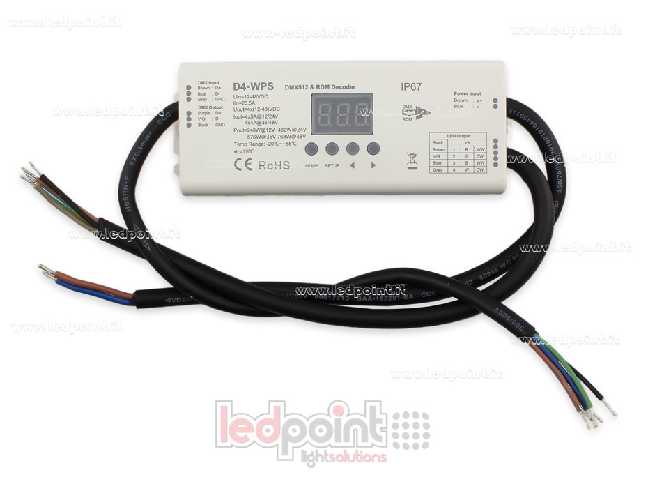 DMX 512 descodificador IP67 a prueba de agua, 4 canales de 5A cada uno, tensión 12-36V DC SK-D4-WPS DMX 512 descodificador IP67 a prueba de agua, 4 canales de 5A cada uno, tensión 12-36V DC SK-D4-WPS