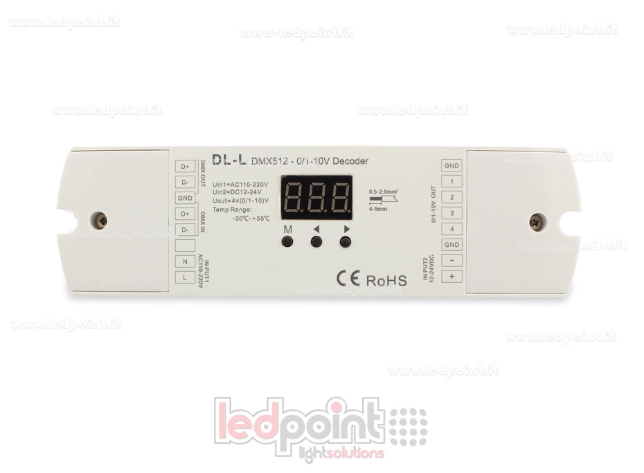 0/1-10V DMX 512 descodificador, 4 canales de 20mA cada uno, tensión 12-24 DC SK-DL-L 0/1-10V DMX 512 descodificador, 4 canales de 20mA cada uno, tensión 12-24 DC SK-DL-L