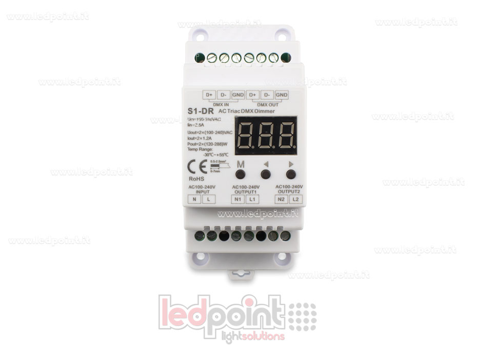 Triac DMX 512 descodificador carril DIN, 2 canales de 1.2A cada uno SK-S1-DR Triac DMX 512 descodificador carril DIN, 2 canales de 1.2A cada uno SK-S1-DR
