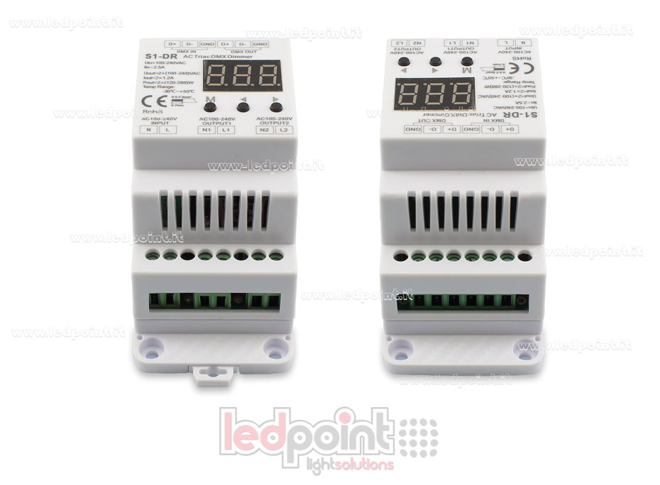 Triac DMX 512 descodificador carril DIN, 2 canales de 1.2A cada uno SK-S1-DR Triac DMX 512 descodificador carril DIN, 2 canales de 1.2A cada uno SK-S1-DR
