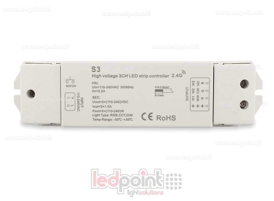 Controlador de tira led 110-240 VDC, CCT/RGB, 3 canales de 1A cada uno, RF 2.4G SK-S3 Controlador de tira led 110-240 VDC, CCT/RGB, 3 canales de 1A cada uno, RF 2.4G SK-S3