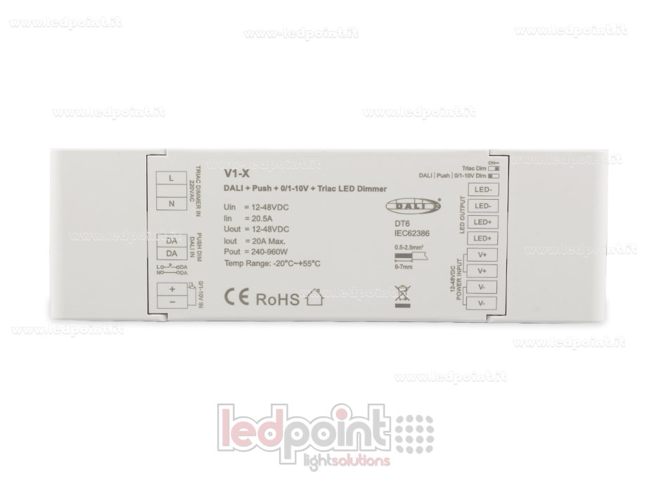 Receptor Dimmer Monocromático 4 en 1 con Push Dimm, DALI, 0/1-10V + Triac 1CH*20A 12/48V SK-V1-X