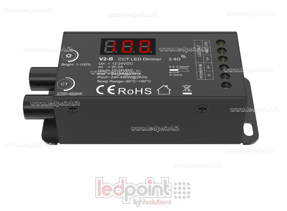 Receptor controlador CCT 12-24V, 2ch*10A con 2 perillas y PWM seleccionable, RF 2.4G SK-V2-B