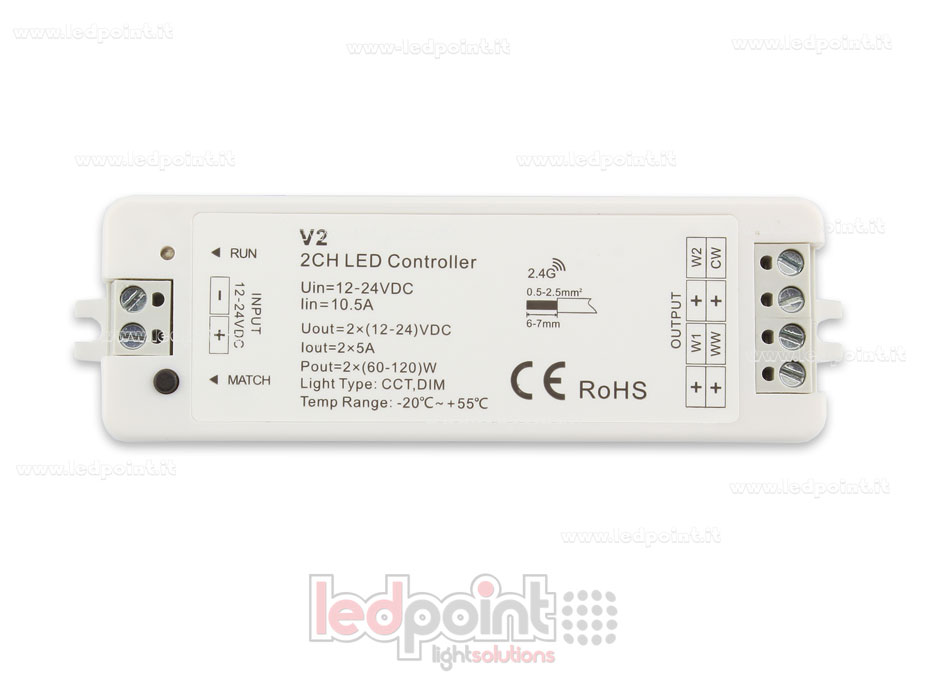 Controlador CCT 12-24V, 2ch*5A, RF 2.4G SK-V2