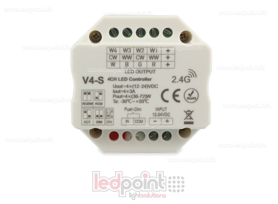 Receptor Controlador RGBW con interruptor/Triac 12/24V, 4ch*3A, RF 2.4G, Instalación en caja para interruptores de pared SK-V4-S