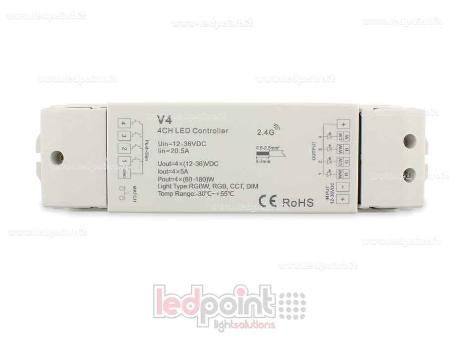 Controlador RGBW 12/48V, 4ch*5A, RF 2.4G SK-V4 Controlador RGBW 12/48V, 4ch*5A, RF 2.4G SK-V4