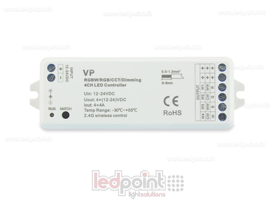 Controlador RGBW 12/24V, 4ch*4A, Max 16A, RF 2.4G SK-VP Controlador RGBW 12/24V, 4ch*4A, Max 16A, RF 2.4G SK-VP